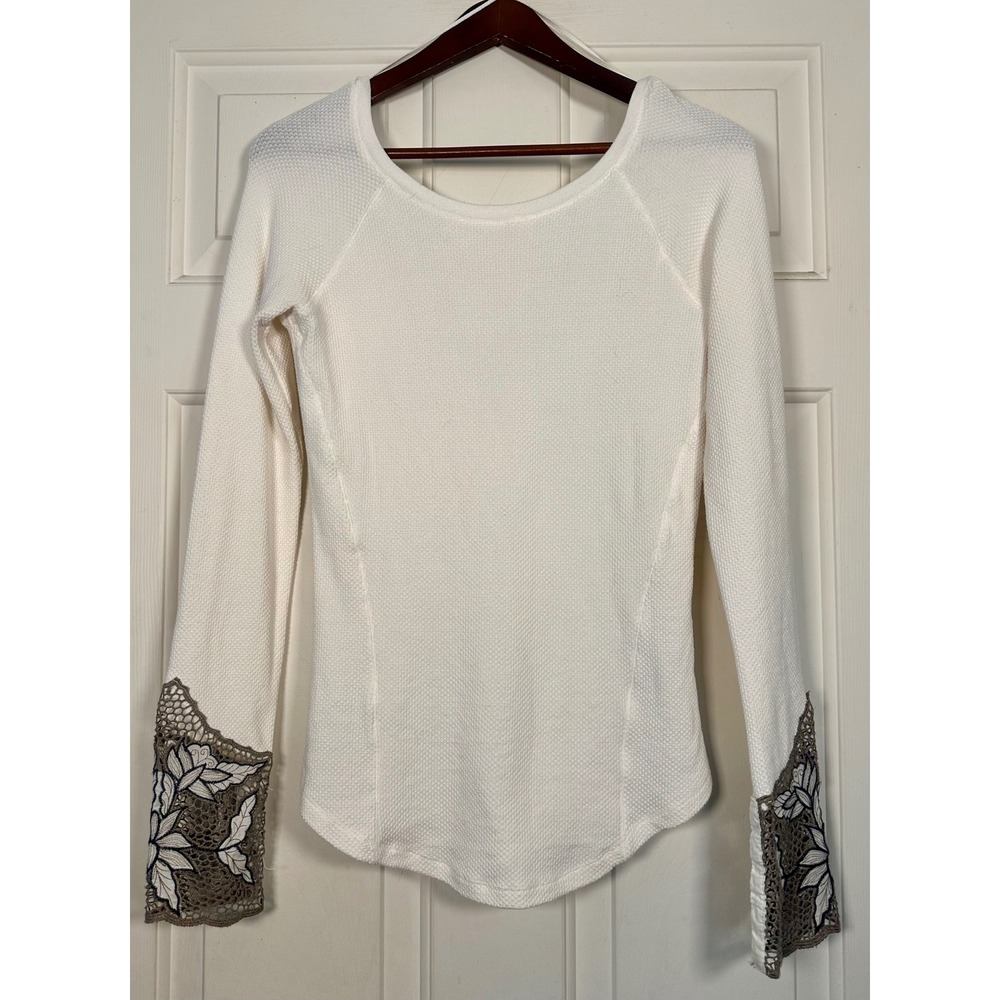 Free People Bali‎ Babe Thermal Floral Contrast Cuff Lace Long Sleeve Top white M